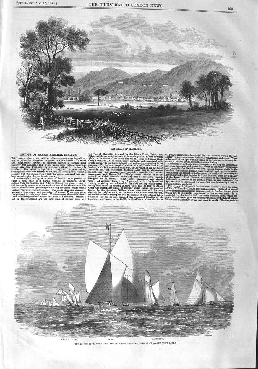 Old Antique Print 1858 Bridge Allan Yachts Emily Valentine Undine Julia 19th