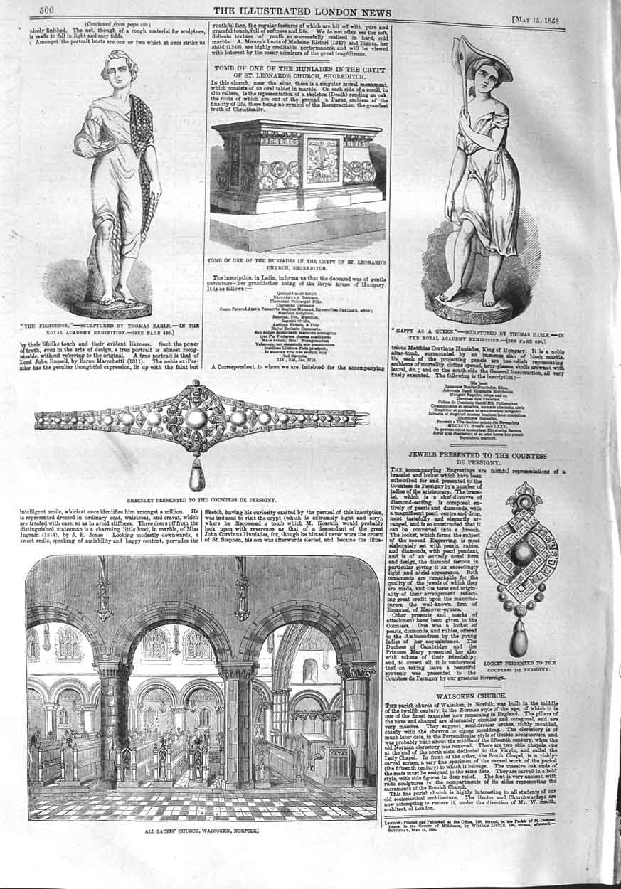 Old Antique Print 1858 Church Walsoken Norfolk Countess Persigny Locket 19th