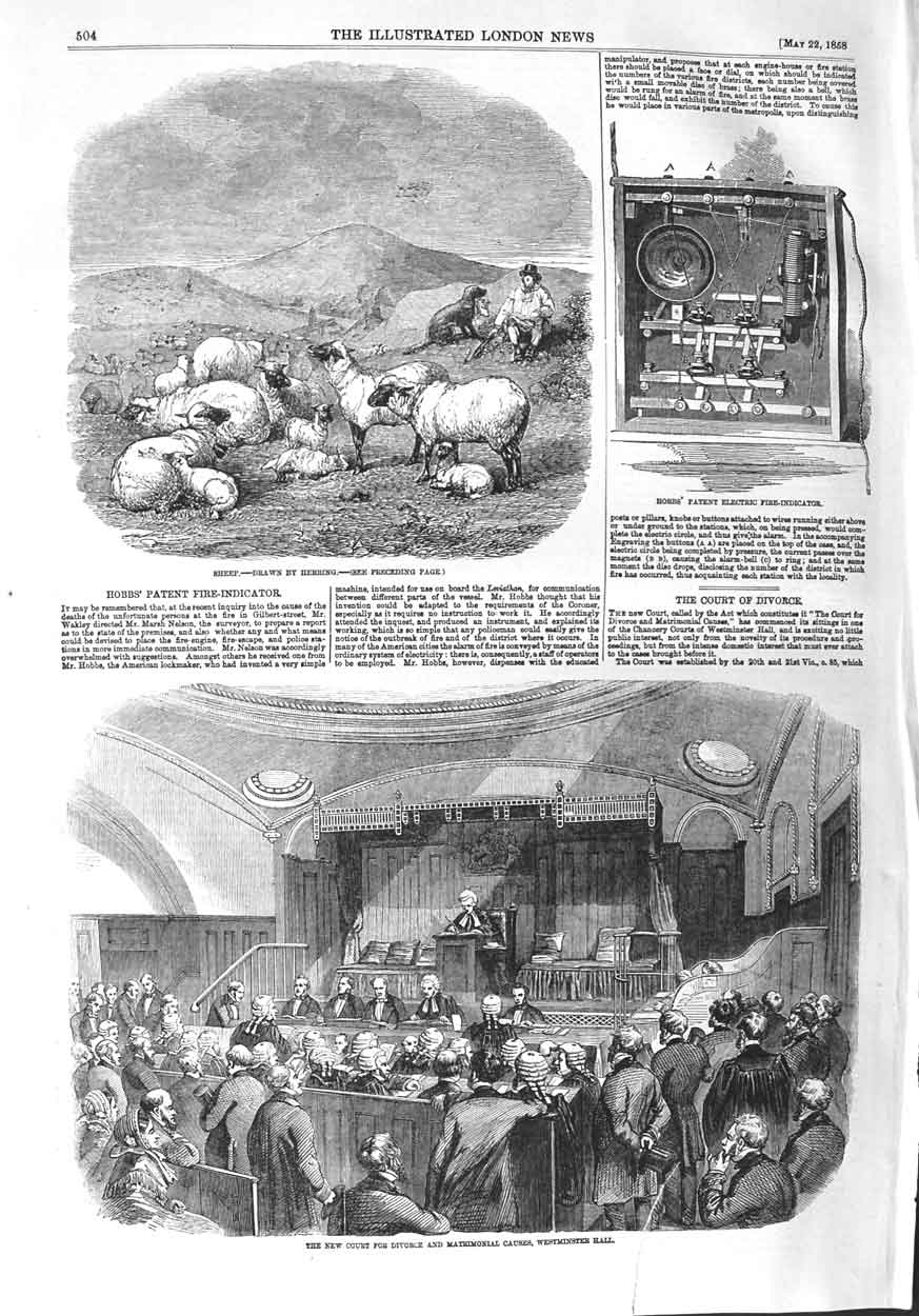 Original Old Antique Print 1858 Sheep Hobbs Fire-Indicator Court Westminster