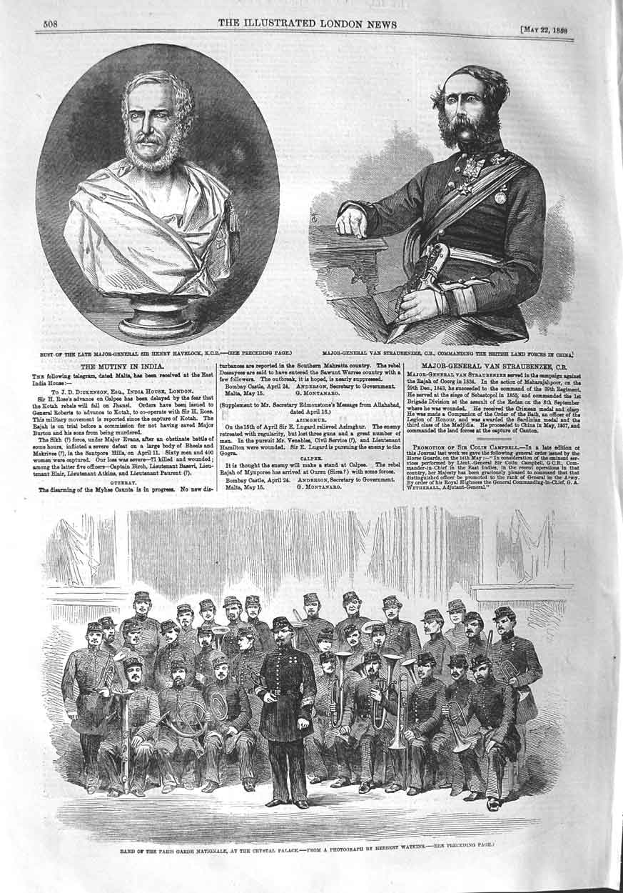 Original Old Antique Print 1858 Henry Havelock Staubenzee Paris Garde Nationale