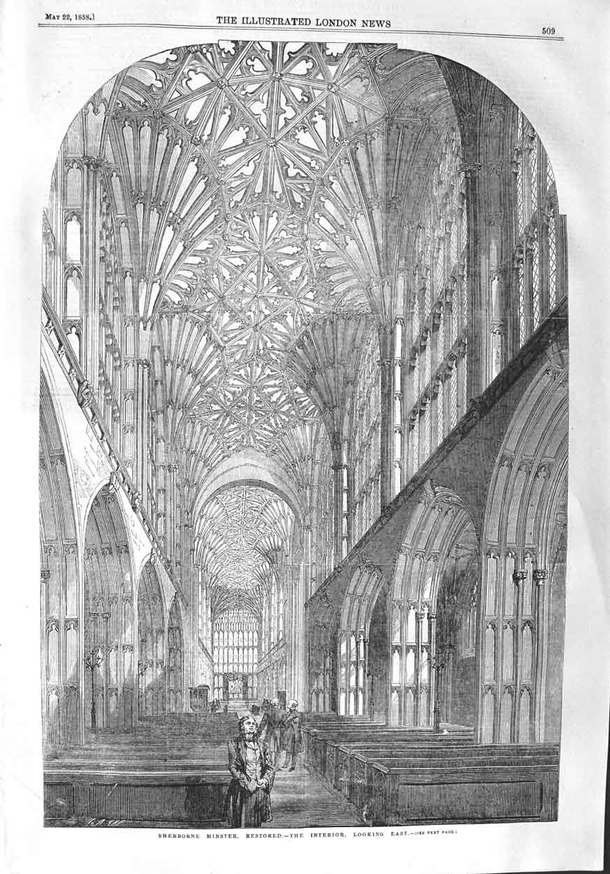 Original Old Antique Print 1858 Interior Sherbourne Minster Cathedral Archi 19th
