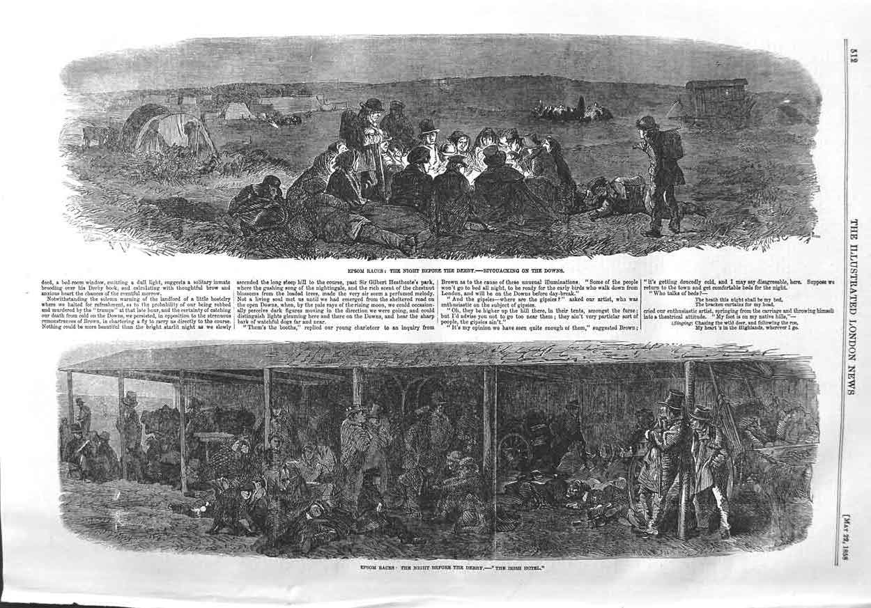 Original Old Antique Print 1858 Epsom Horse Race Derby Irish Hotel Scene Sport