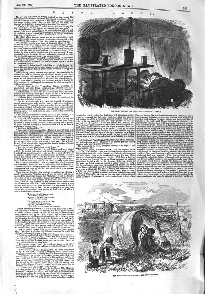 Original Old Antique Print 1858 Empsom Races Derby Gipsy Camp Sport Victorian
