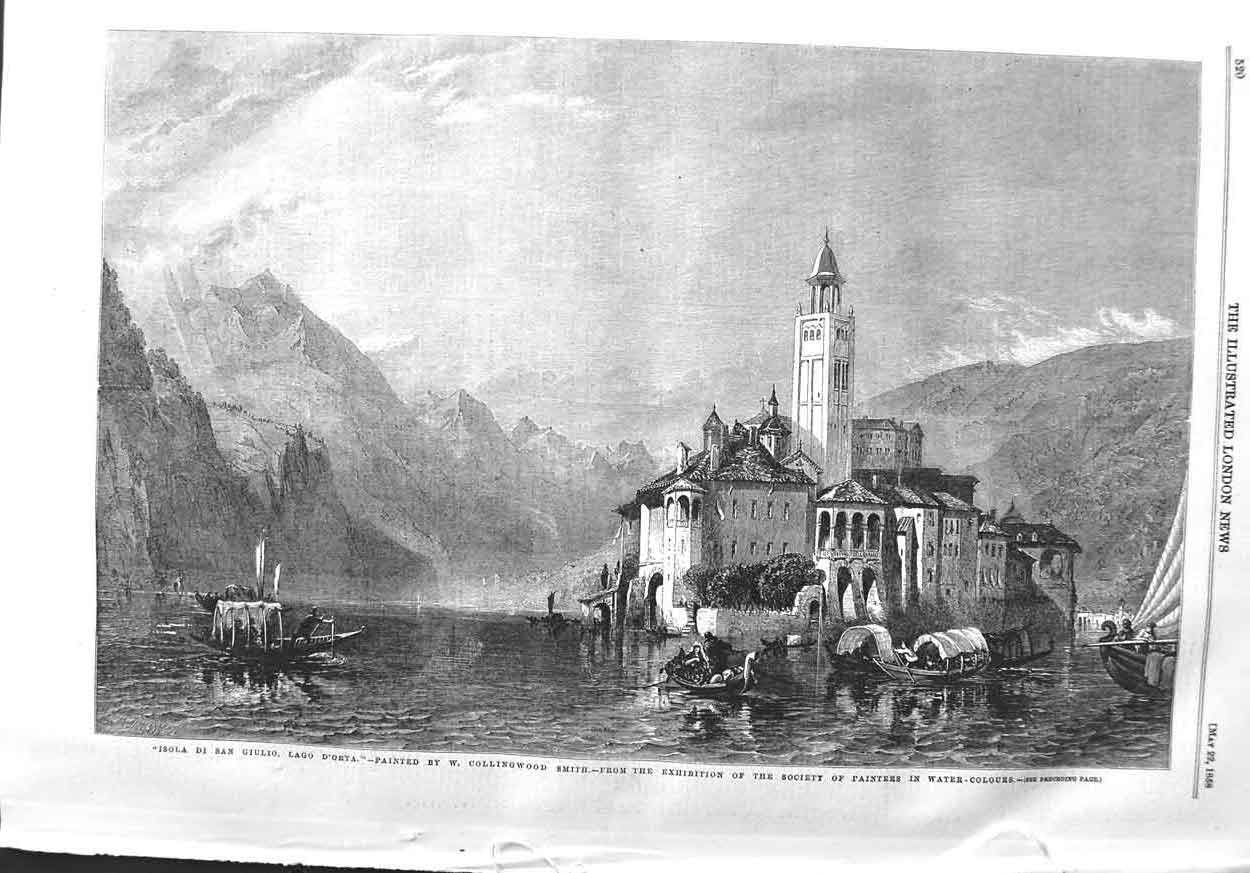 Original Old Antique Print 1858 Isola Di San Giulio Lago D'Orta Lake Mo 19th