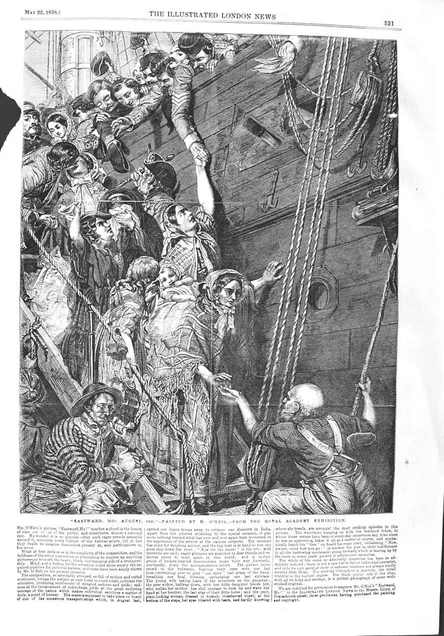 Original Old Antique Print 1858 Ship Scene Passengers Eastward Ho Victorian