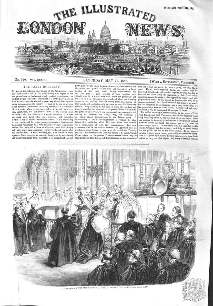 Original Old Antique Print 1858 Consecration Bishop Calcutta Westminster Abbey
