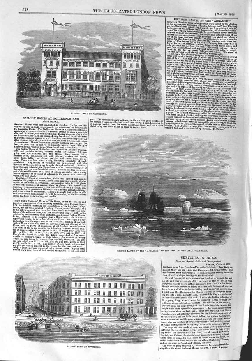Original Old Antique Print 1858 Sailor'S Home Amsterdam Rotterdam Anglesey Ship