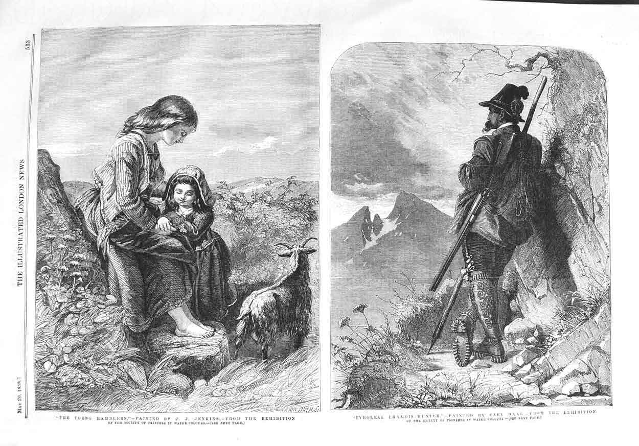 Original Old Antique Print 1858 Children Ramblers Tyrolese Chamois-Hunter Hagg