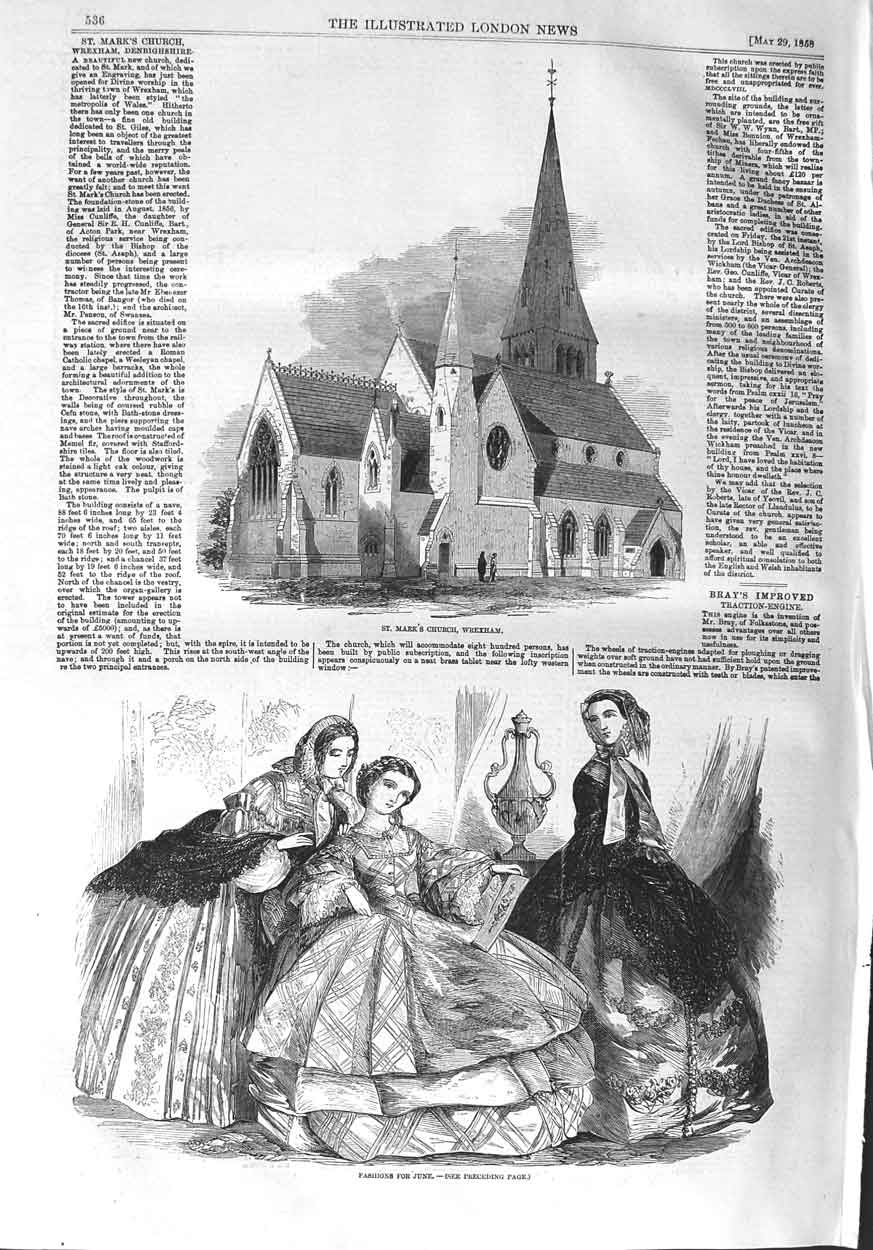 Old Antique Print 1858 St. Mark'S Church Wrexham Women'S Fashion Dresses 19th