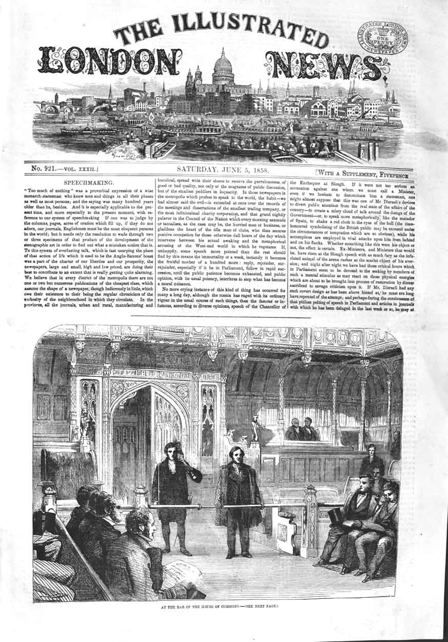 Original Old Antique Print 1858 Scene Bar House Commons Parliament Speechmaking