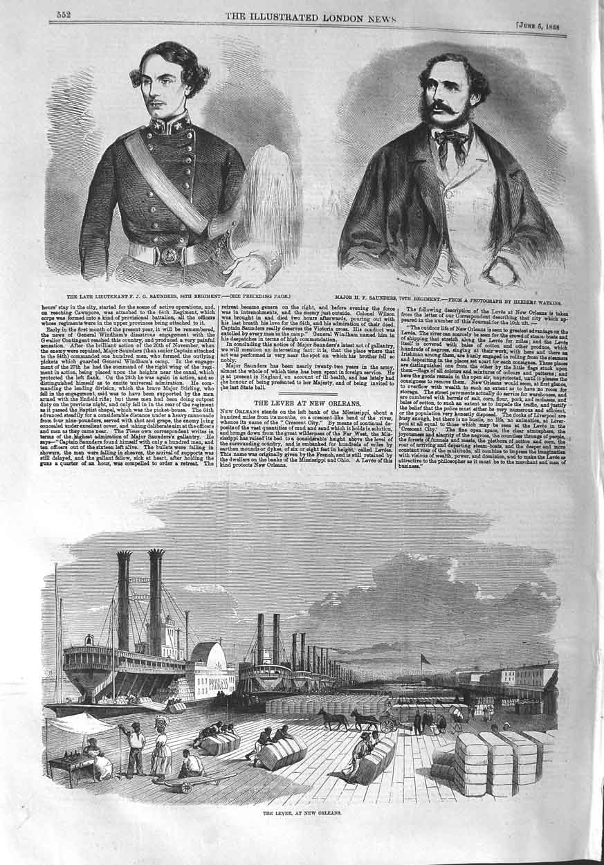 Old Antique Print 1858 Levee New Orleans Ships Major Saunders Lieutenant 19th