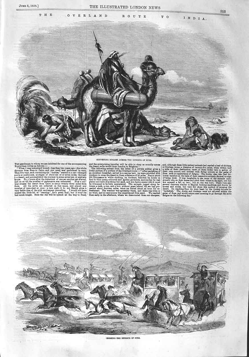 Old Antique Print 1858 Camel Boilers Isthmus Suez Horses Carriage Desert 19th