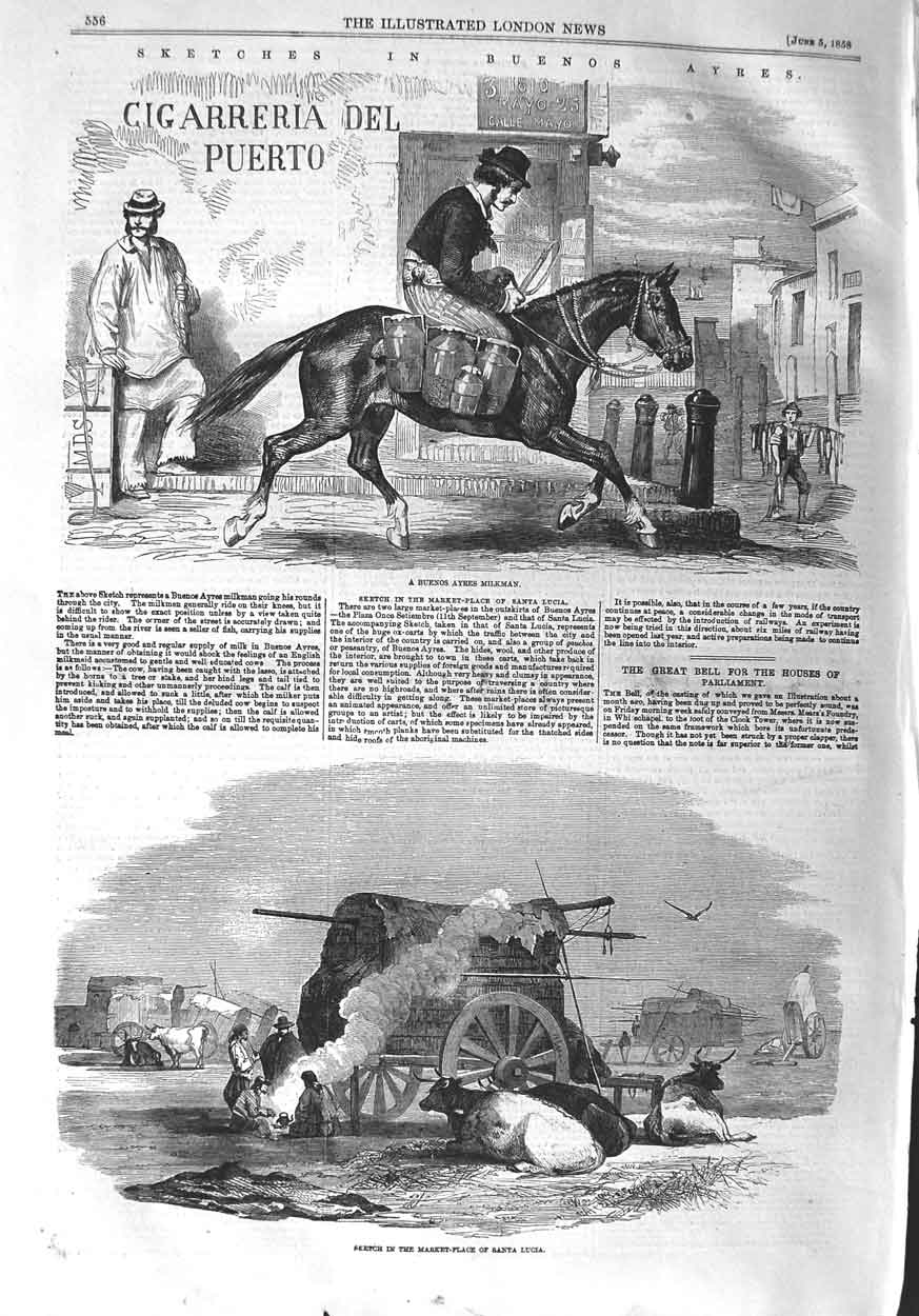 Original Old Antique Print 1858 Buenos Ayres Milkman Market Place Santa Lucia