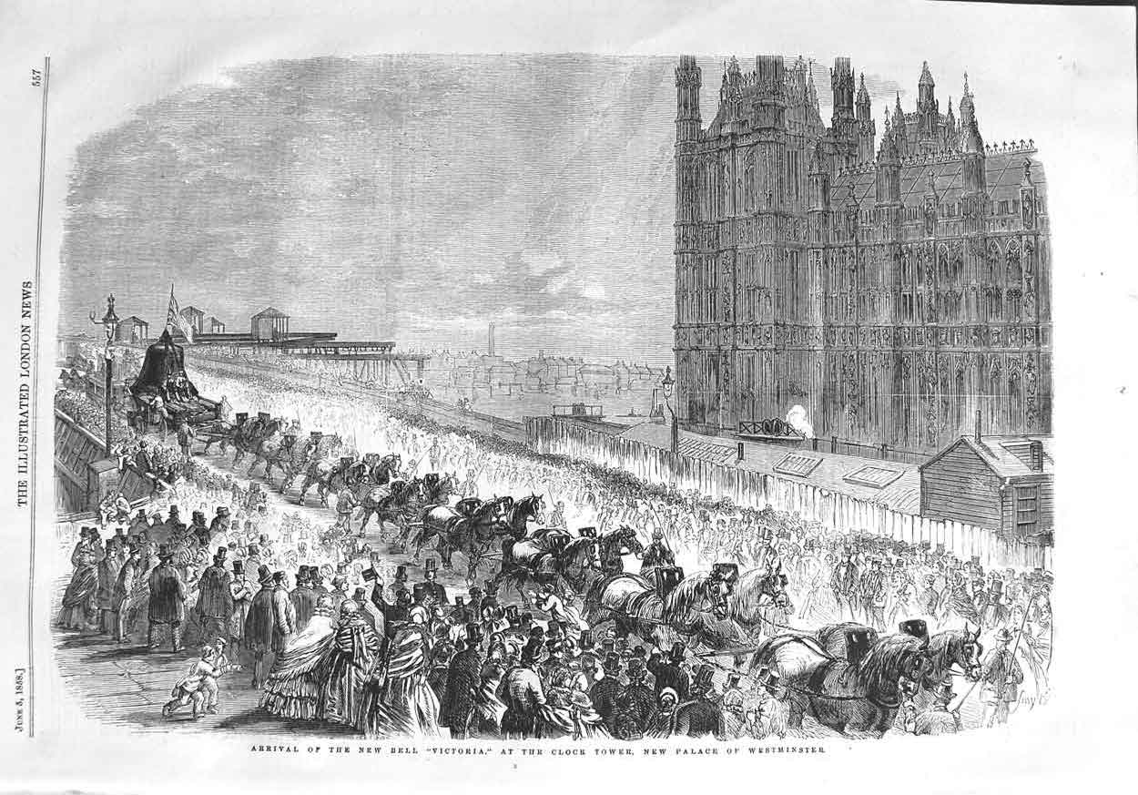 Old Antique Print 1858 New Bell Victoria Clock Tower Palace Westminster 19th