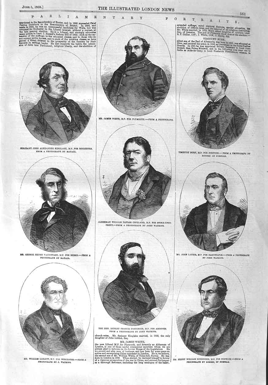 Old Antique Print 1858 Parliament Kinglake White Copeland Laslett Laurie 19th