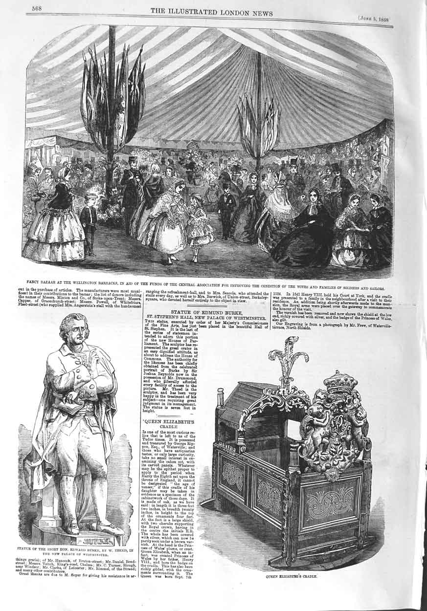 Original Old Antique Print 1858 Statue Burke Queen Elizabeth Cradle Wellington