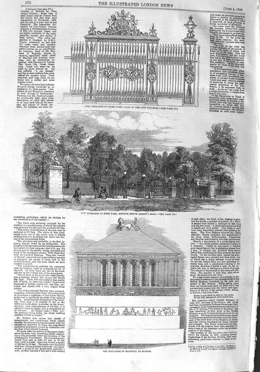 Original Old Antique Print 1858 Entrance Hyde Park Sepulchre Mausolus Budrum