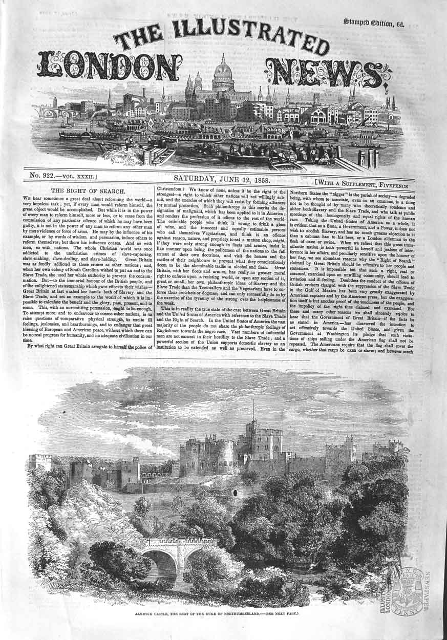 Original Old Antique Print 1858 Alnwick Castle Duke Northumberland River Birdge