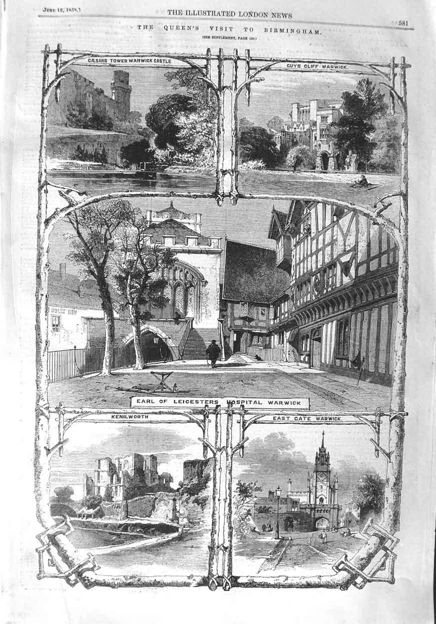 Old Antique Print 1858 Earl Leicester Hospital Warwick Kenilworth Castle 19th