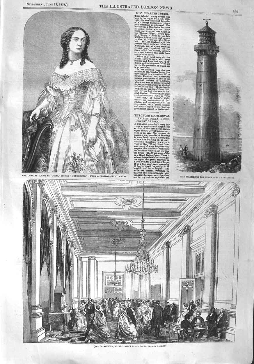 Old Antique Print 1858 Lighthouse Russia Theatre Hunchback Italian Opera 19th