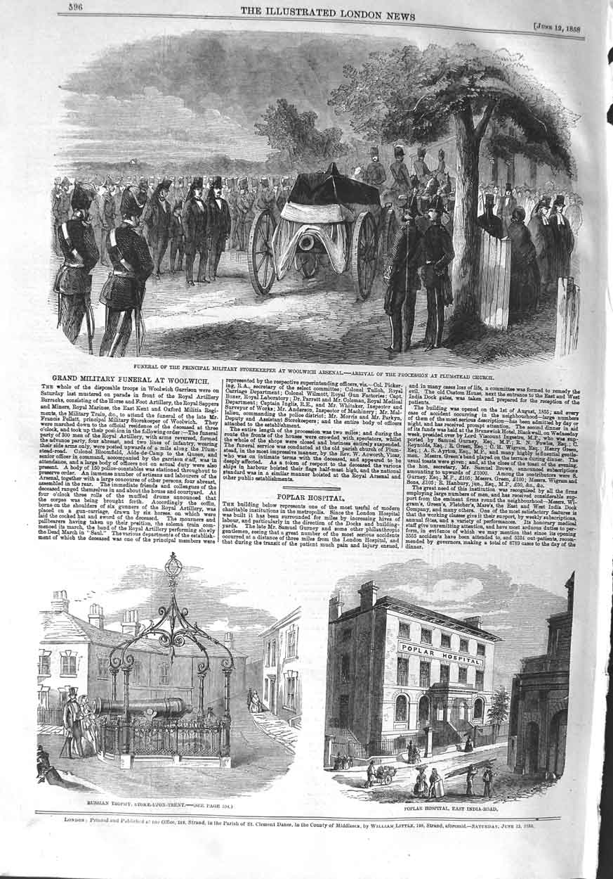Original Old Antique Print 1858 Funeral Military Storekeeper Woolwich Hospital