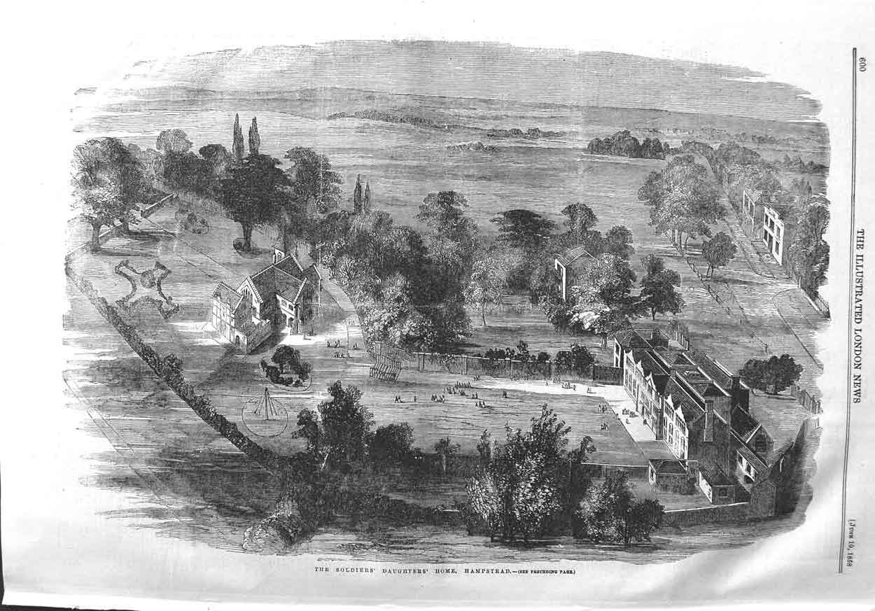 Original Old Antique Print 1858 Siers Daughters Home Hampstead England 19th