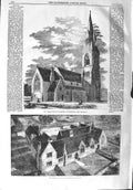 Original Old Antique Print 1858 Church Stantonbury Wolverton School Buildings