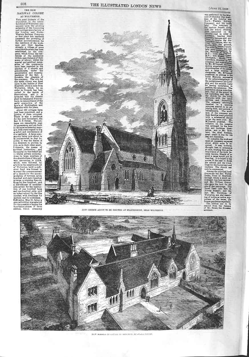 Original Old Antique Print 1858 Church Stantonbury Wolverton School Buildings