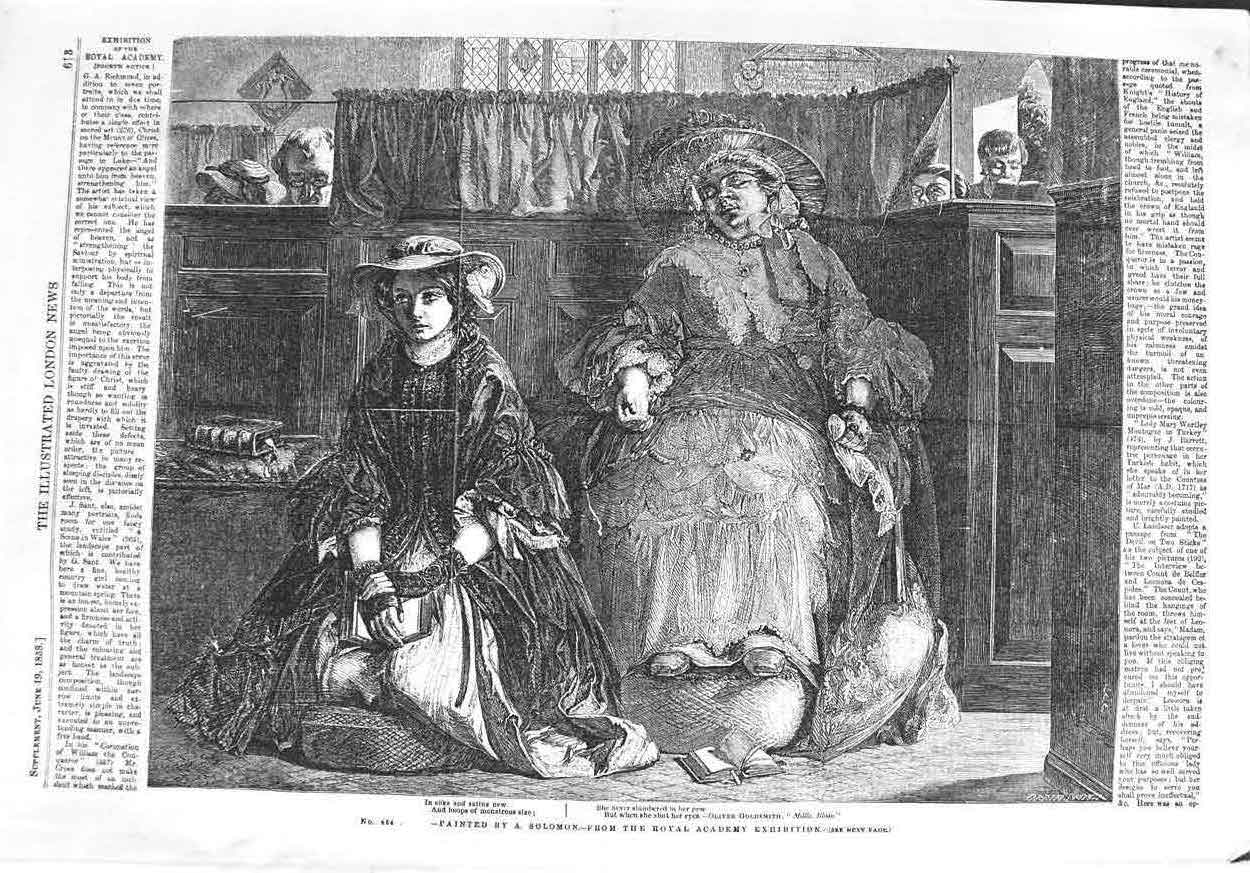 Old Antique Print 1858 Royal Academy Exhibition Art Ladies Church Dresses 19th