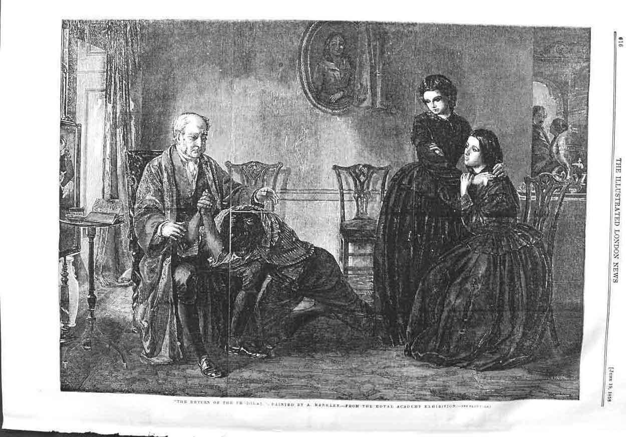Original Old Antique Print 1858 Family Home Scene Prodigal Son Return Fine Art