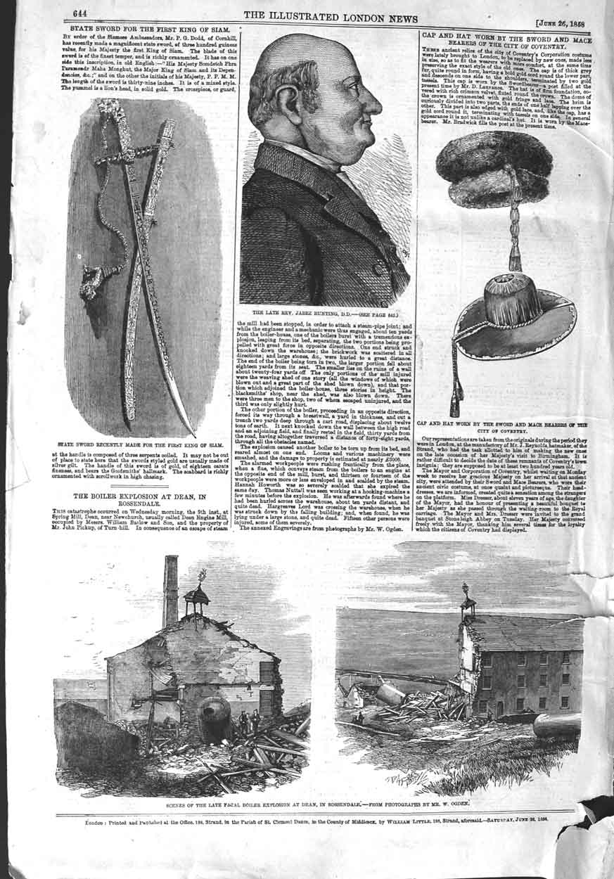 Old Antique Print 1858 Boiler Explosion Dean Rev. Bunting Sword King Siam 19th