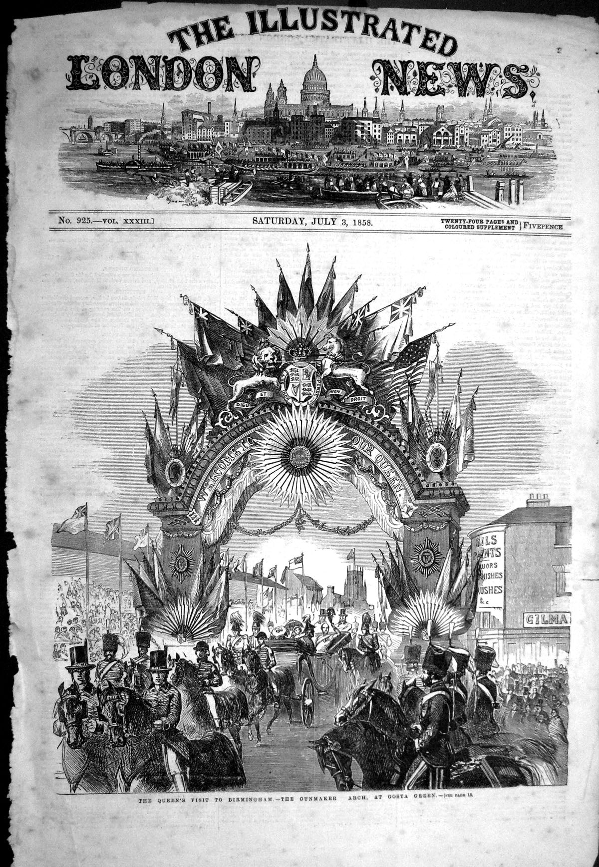Antique Old Print 1858 Queen Birmingham Gunmaker Arch Gosta Green Procession
