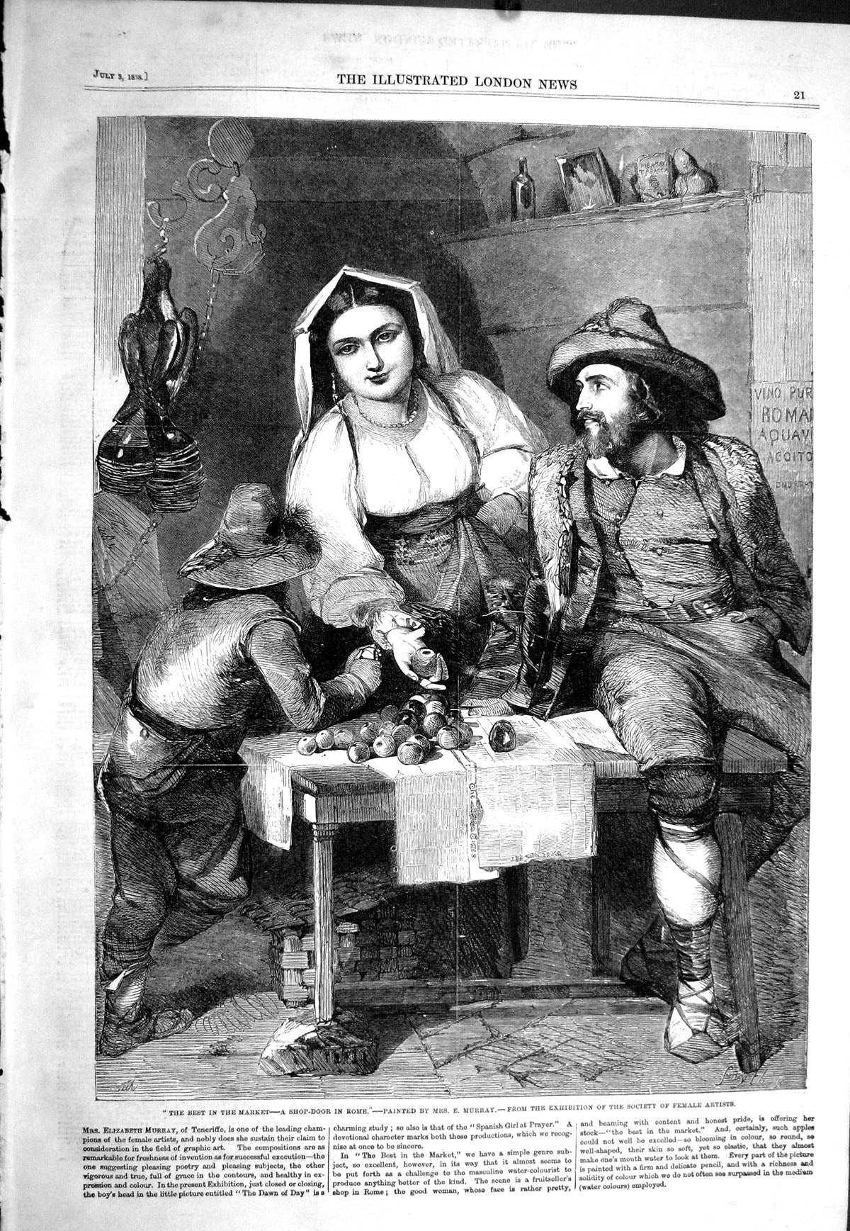 Antique Old Print 1858 Best Market Shop Door Rome Seller Murray Female Artist