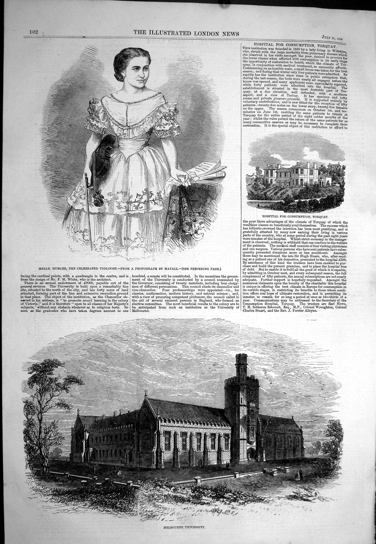 Old 1858 Melbourne University Mdlle. Humler Violinist Hospital Consum Victorian