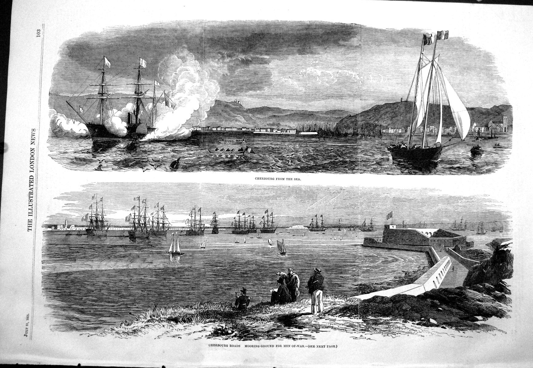 Antique Old Print 1858 View Cherbourg France Ships Morning Ground Men-Of-War