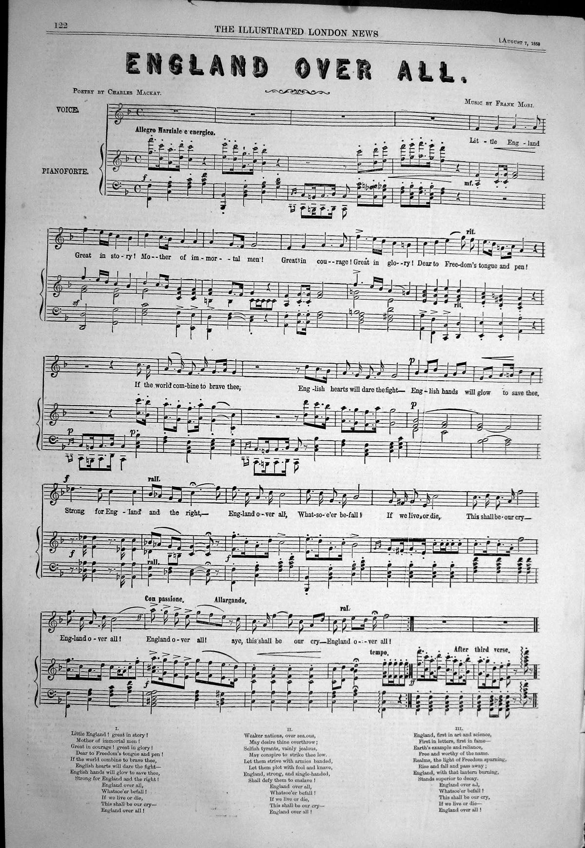 Antique Old Print 1858 Sheet Music England Over All Charles Mackay Frank Mori