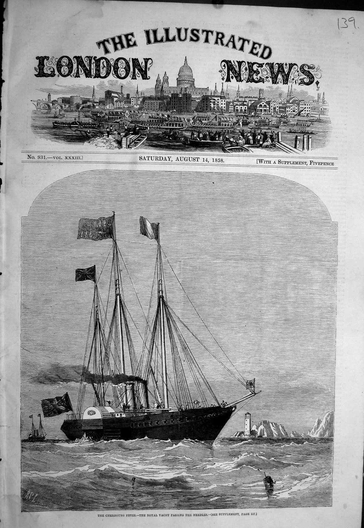 Old Antique Print 1858 Cherbourg Fetes Royal Yacht Ship Passing Needles 19th