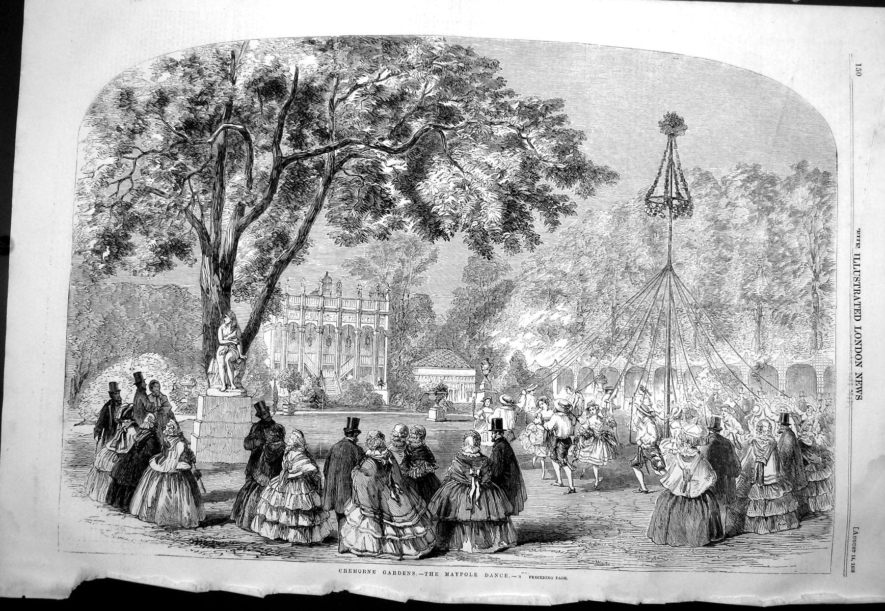 Original Old Antique Print 1858 Maypole Dance Cremorne Gardens Entertainment