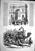 Original Old Antique Print 1858 Cherbourg Fetes Triumphal Arch Camel Jingalls