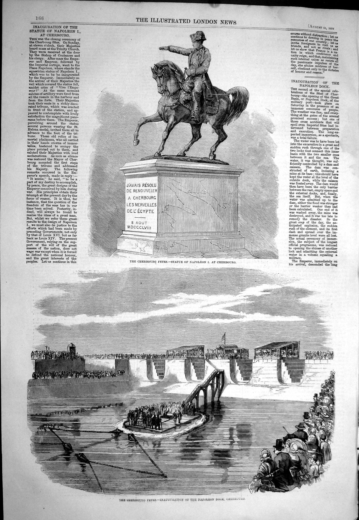 Antique Old Print 1858 Cherbourg Statue Emperor Napoleon Inauguration Dock 19th