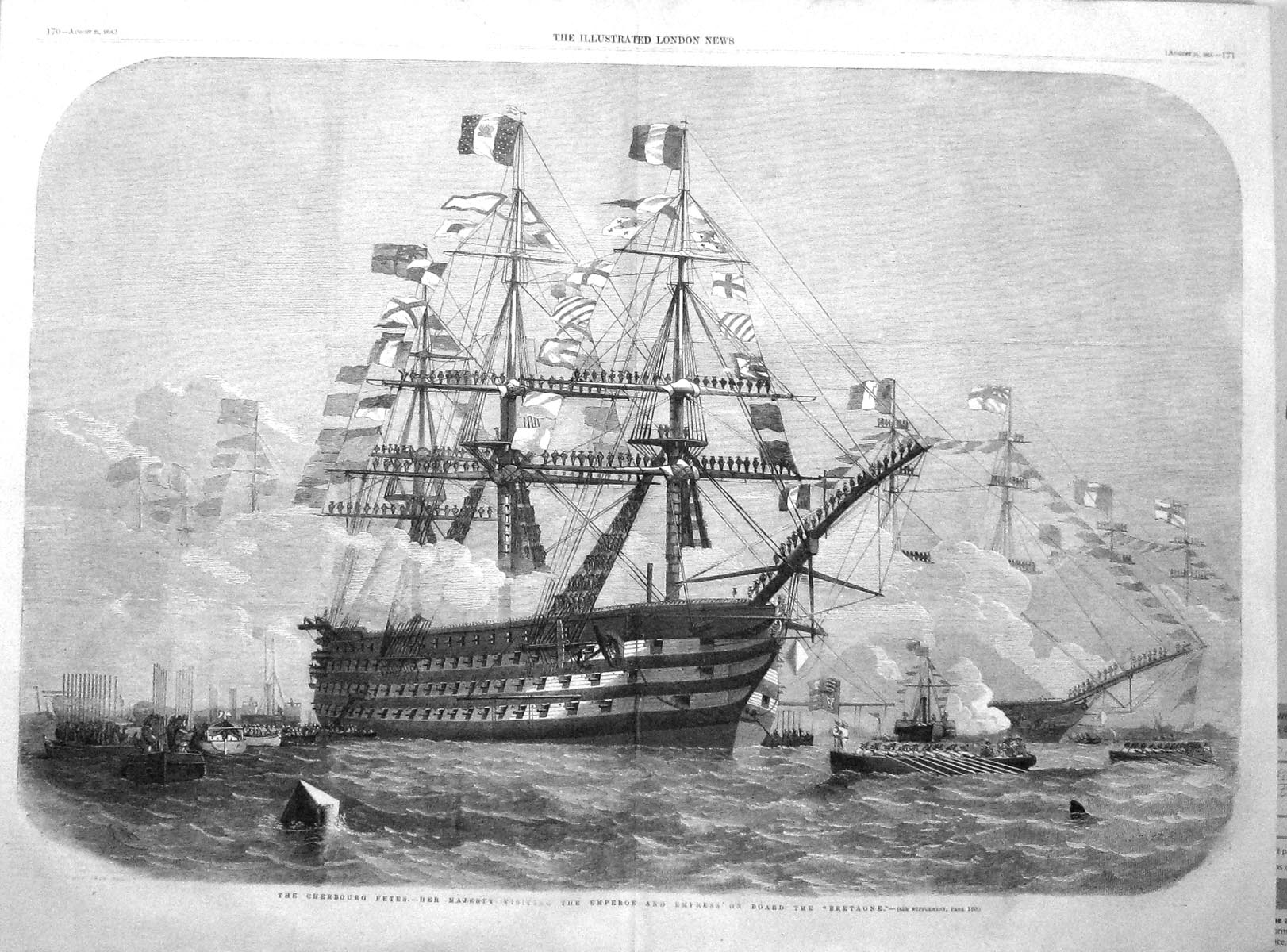 Original Old Antique Print 1858 Cherbourg Fetes Ships Emperor Empress Bretagne
