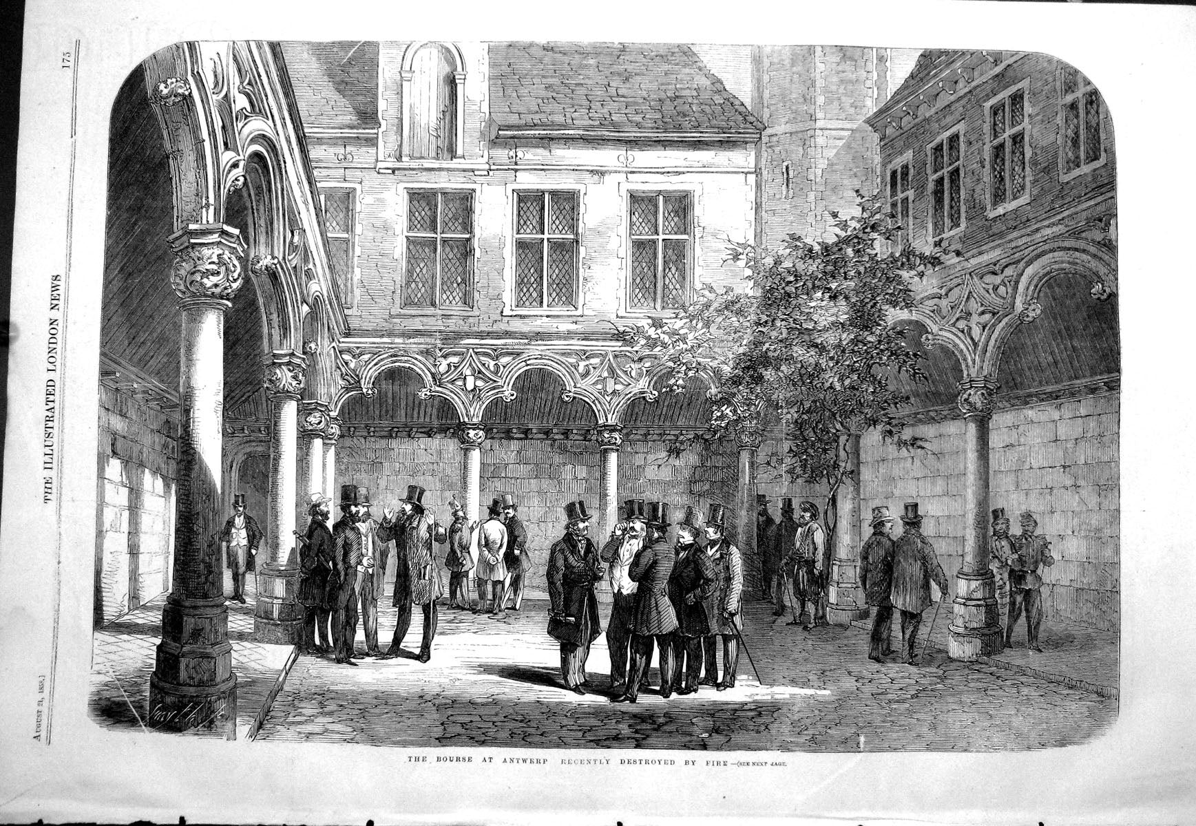Original Old Antique Print 1858 Scene Bourse Antwerp Belgium Men Meeting 19th