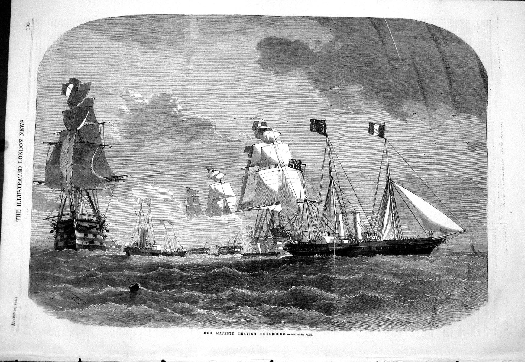 Old Antique Print 1858 Majesty Queen England Ship Boats Leaving Cherbourg 19th
