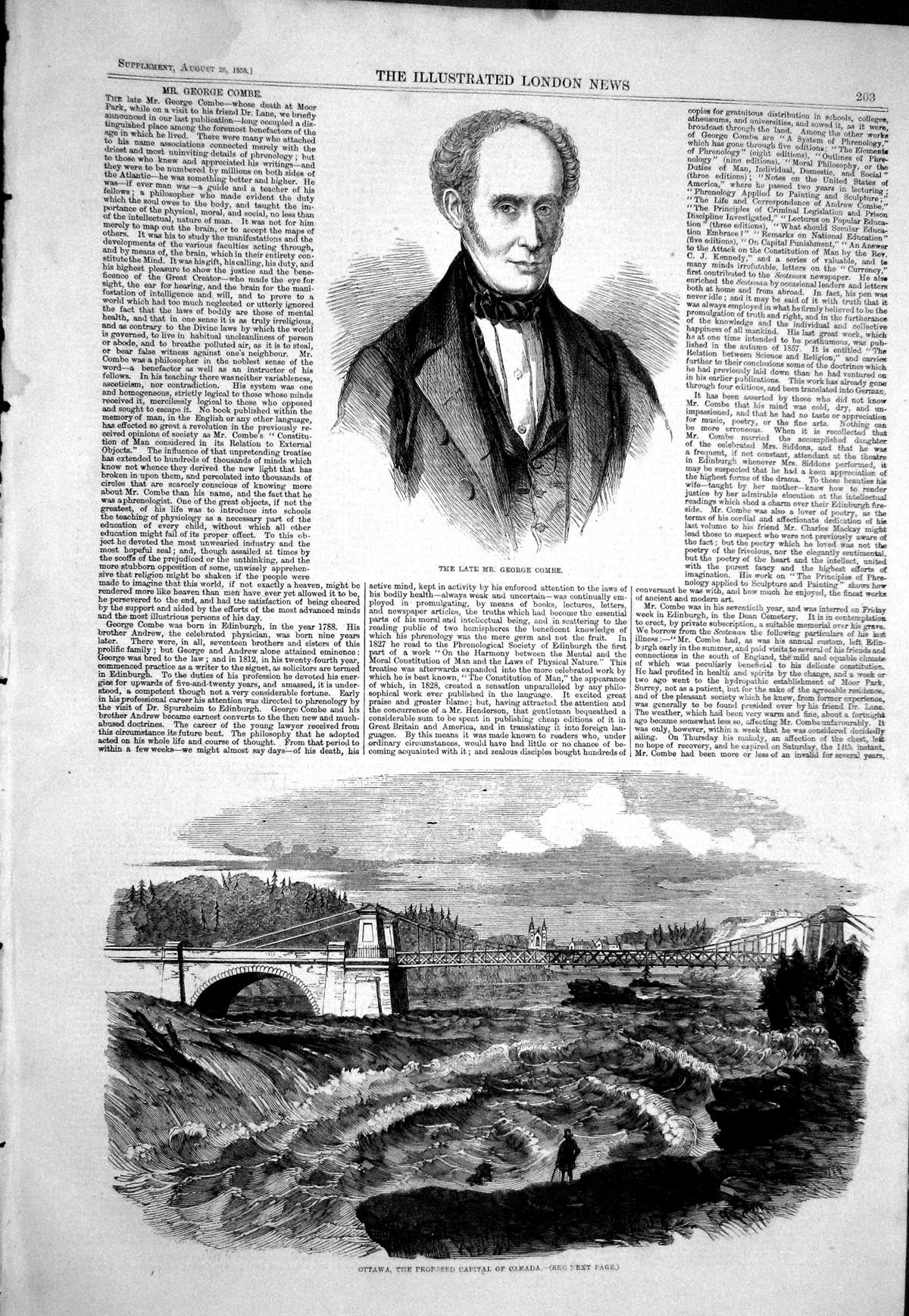Old 1858 George Combe Ottawa Proposed Capital Canada River Bridge Ref Victorian