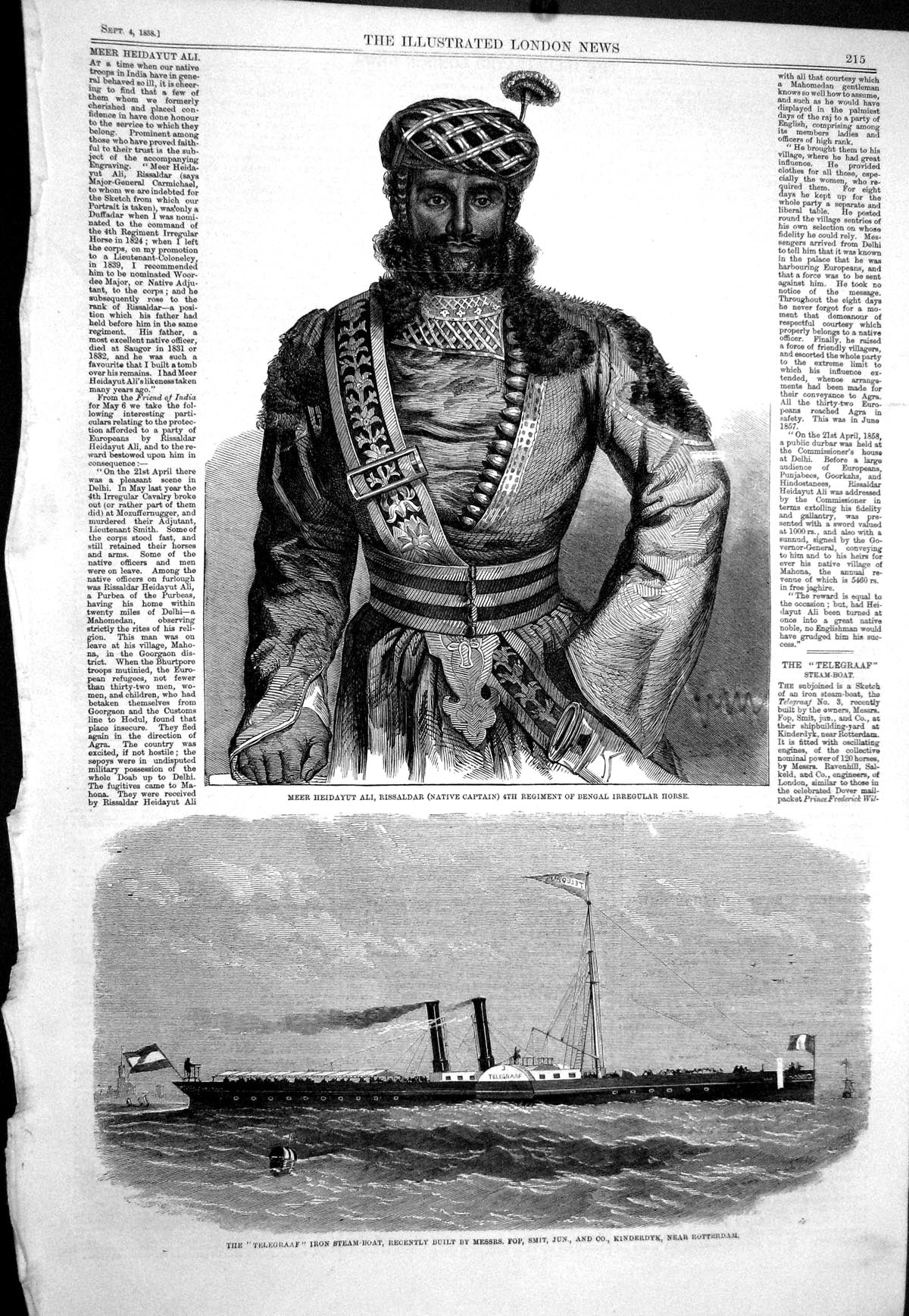 Old 1858 Meer Heidayut Ali Rissaldar Bengal Telegraaf Iron Steam Boat Victorian