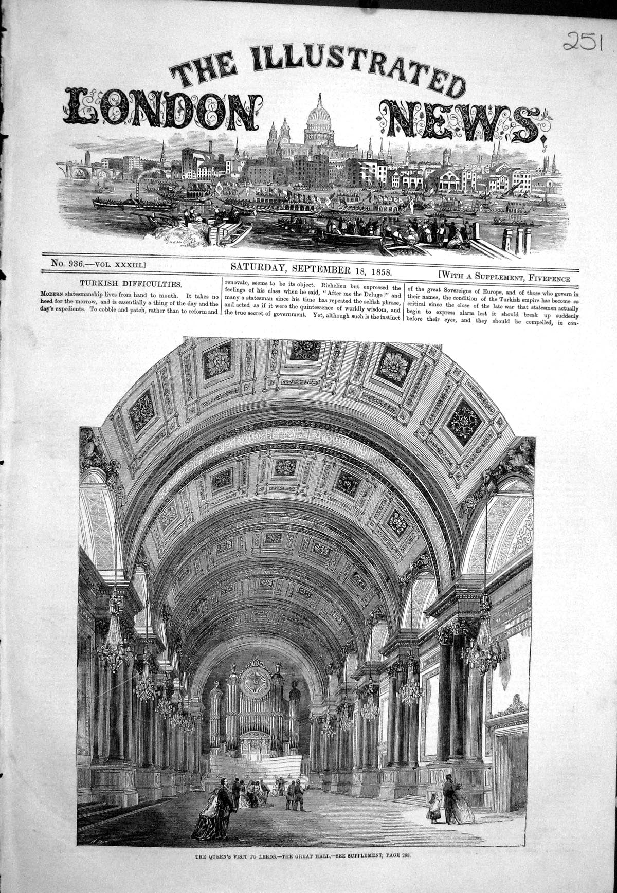 Old Antique Print 1858 Queen Visit Leeds Interior Great Hall Architecture 19th