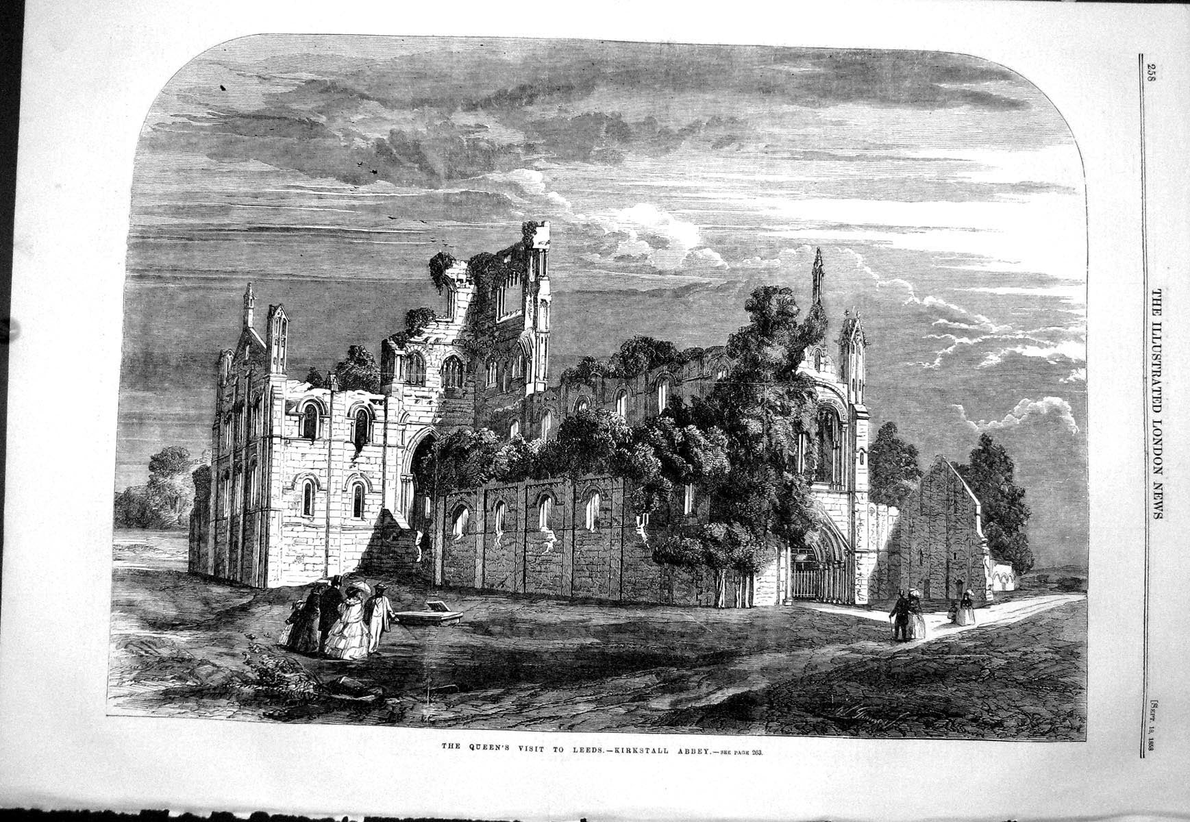 Antique Old Print 1858 Queen Leeds Visit Kirkstall Abbey Ruins Architecture