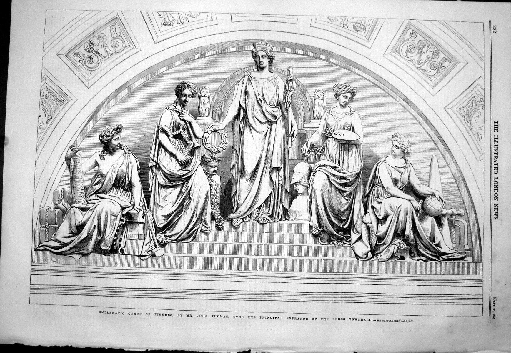 Old 1858 Emblematic Group Figures John Thomas Entrance Leeds Townhall Victorian