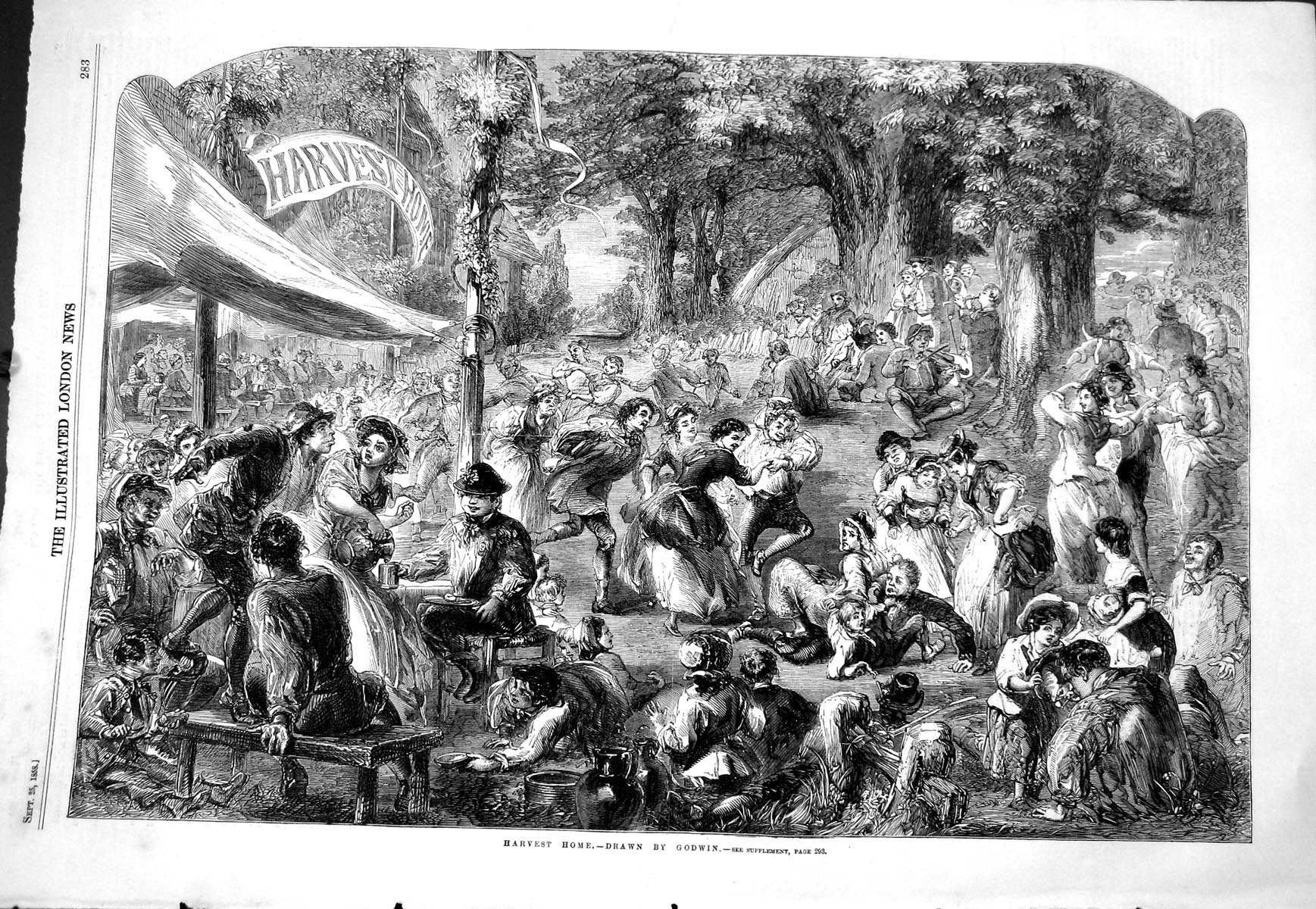 Antique Old Print 1858 Scene Harvest Home Music Dancing Entertainment Godwin