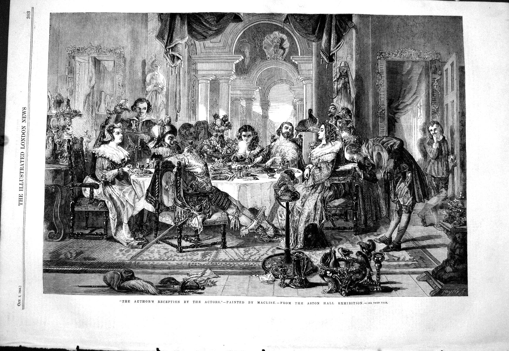 Old Print 1858 Authors Reception Actors Women Men Dinner Table Aston Hall 19th